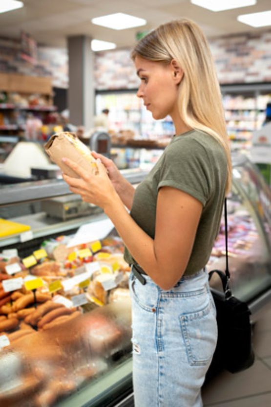 Mujer revisando etiqueta en supermercado
