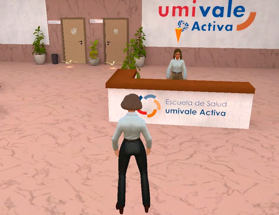 Avatares interactuando en la Escuela de Salud virtual.