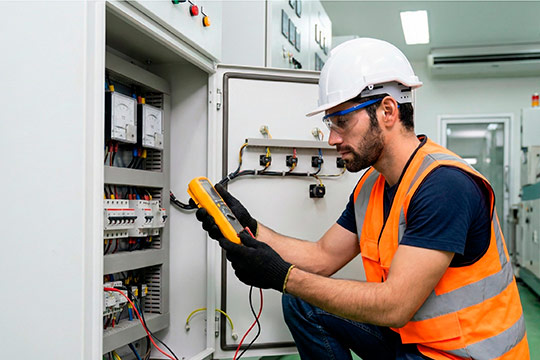 Electricista en uniforme trabajando en un cuadro eléctrico electricidad