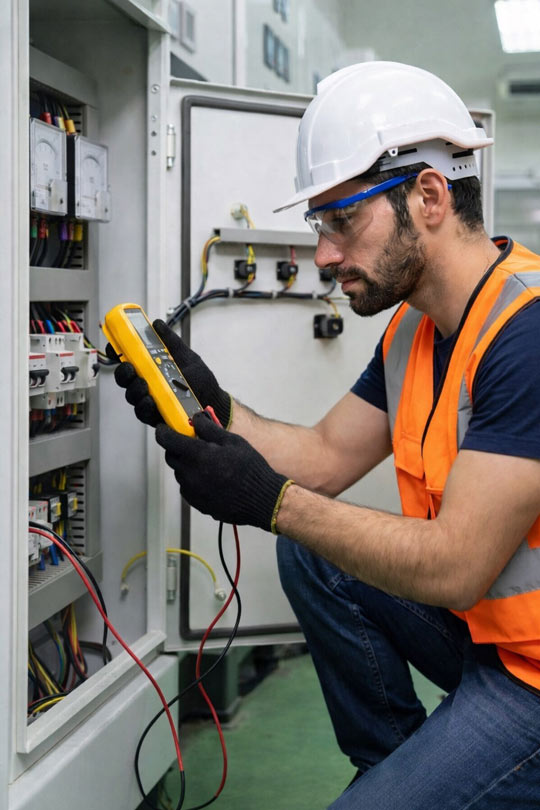 Electricista en uniforme trabajando en un cuadro eléctrico electricidad