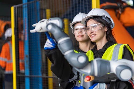 grupo de ingenieras trabajando con un exoesqueleto