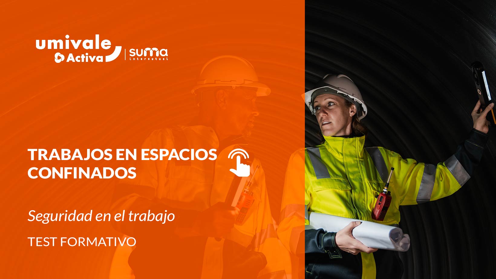 Ingeniera y supervisor de obra inspeccionando el interior de una tubería corrugada con linternas y planos, evaluando la seguridad de un espacio confinado.