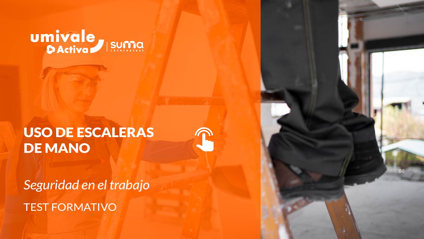 Trabajadora de la construcción con casco y gafas de seguridad sujetando firmemente una escalera de mano para garantizar la estabilidad mientras un compañero sube, demostrando la prevención de caídas en el trabajo