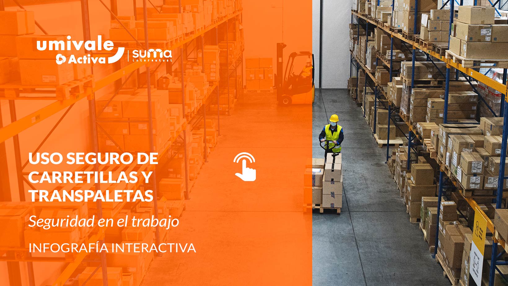 Vista superior de un almacén con operarios manejando una carretilla elevadora y una transpaleta, demostrando la seguridad en el manejo de cargas.