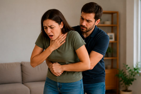 Persona ayudando a otra con la maniobra de Heimlich durante un atragantamiento en casa