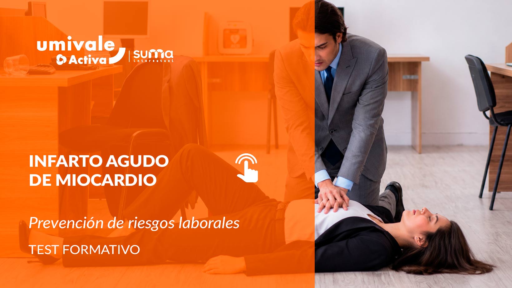 Persona realizando maniobras de reanimación cardiopulmonar (RCP) a una mujer inconsciente en el suelo de una oficina