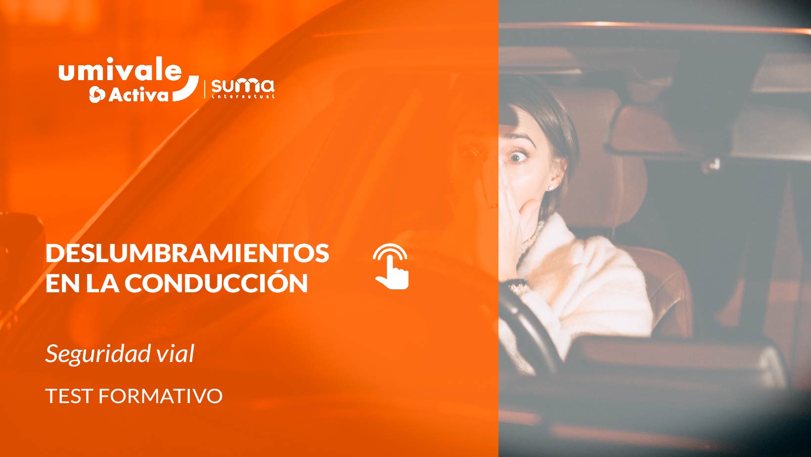 Mujer joven asustada por deslumbramiento conduciendo en coche por la noche.