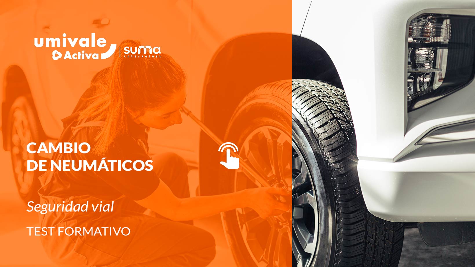 Mujer cambiando el neumatico de un coche.