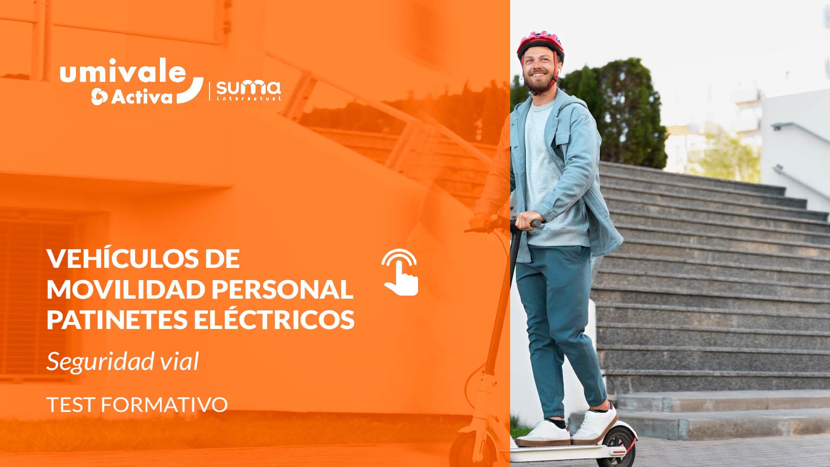 Hombre con casco montando un patín eléctrico en la ciudad.