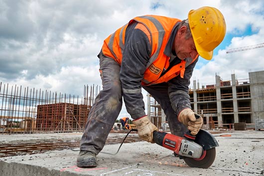 Obrero de la construcción con casco de seguridad y chaleco reflectante, utilizando una amoladora angular para cortar metal o concreto en una obra en construcción bajo un cielo nublado.