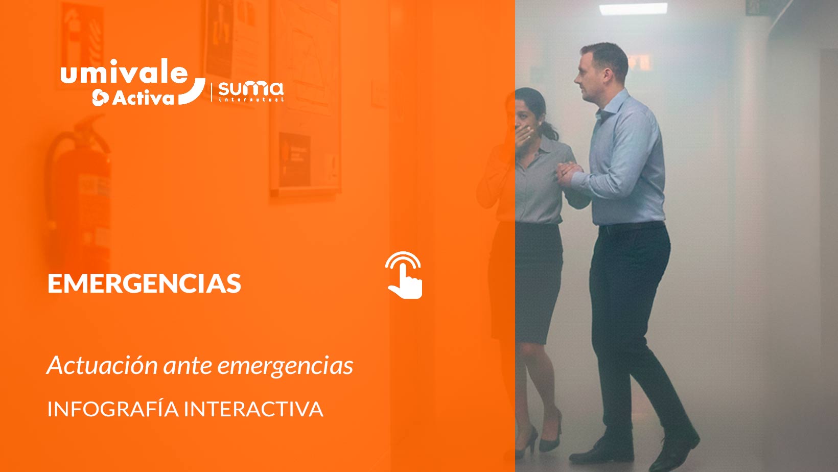 Protocolo de seguridad en caso de incendio: personas en pasillo con humo, extintor de incendios.